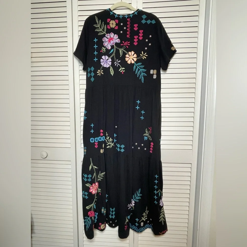 Johnny Was Floral Embroidered Katie Knit Henley Tiered Maxi Dress Boho Hippie XL - Picture 4 of 9